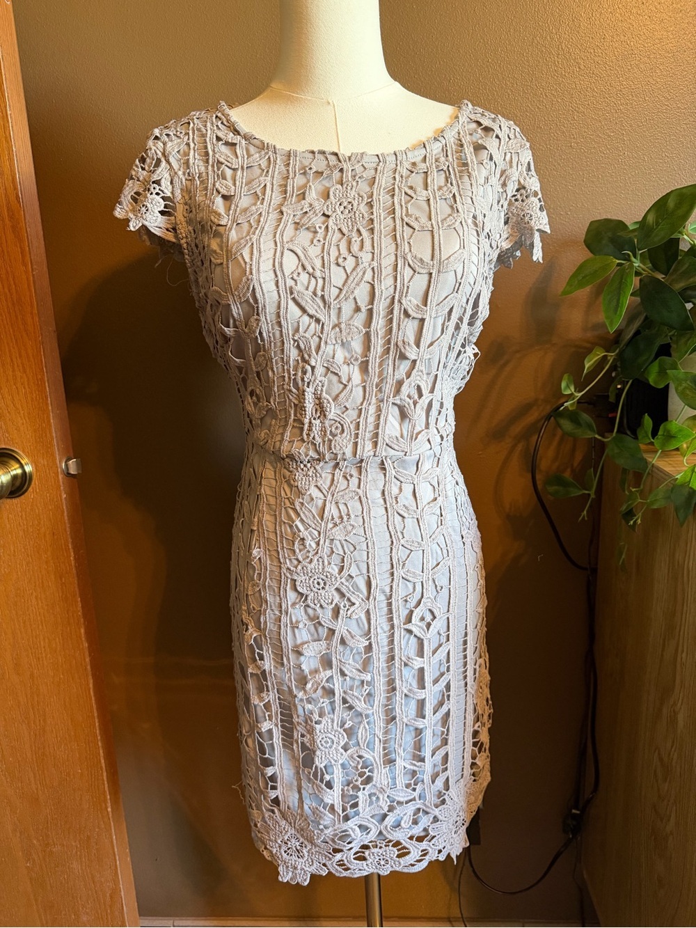 She + Sky Gray Floral Crochet Cap Sleeve Mini Dress